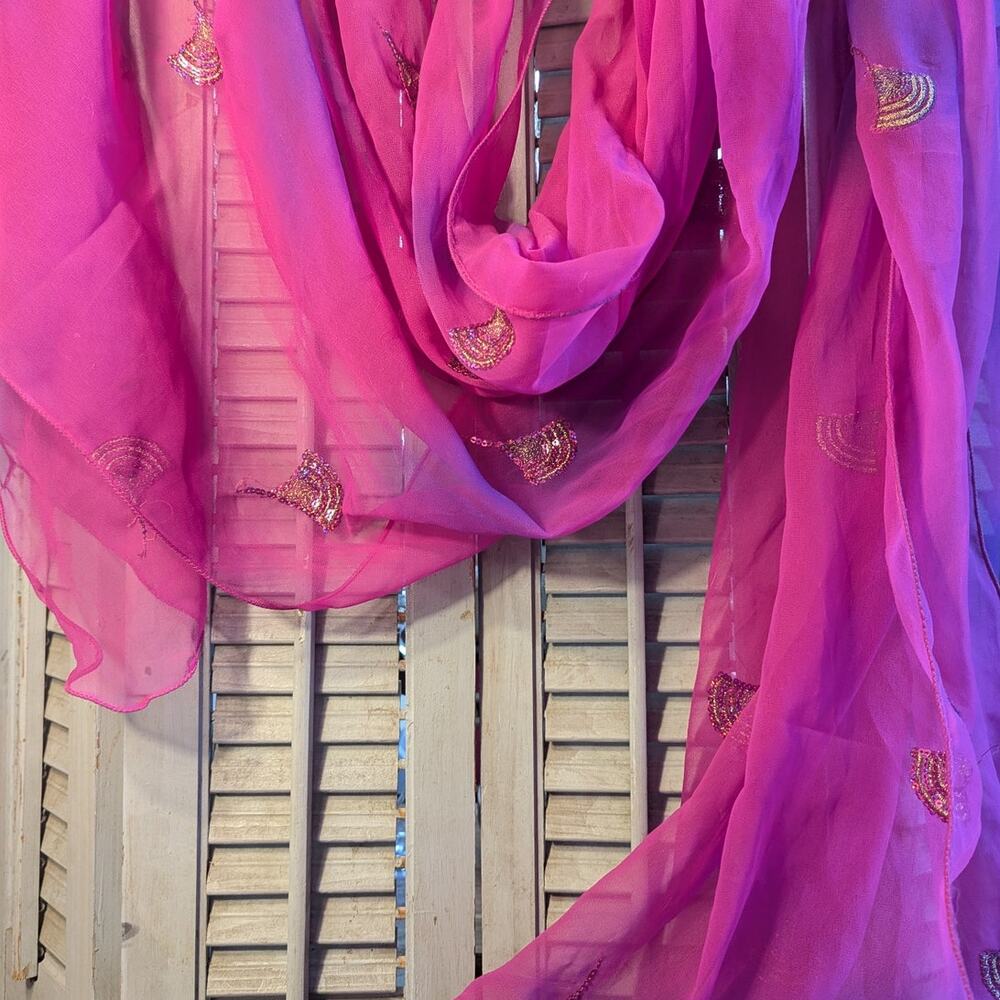 Hot pink georgette sequined and appliqued sari scarf